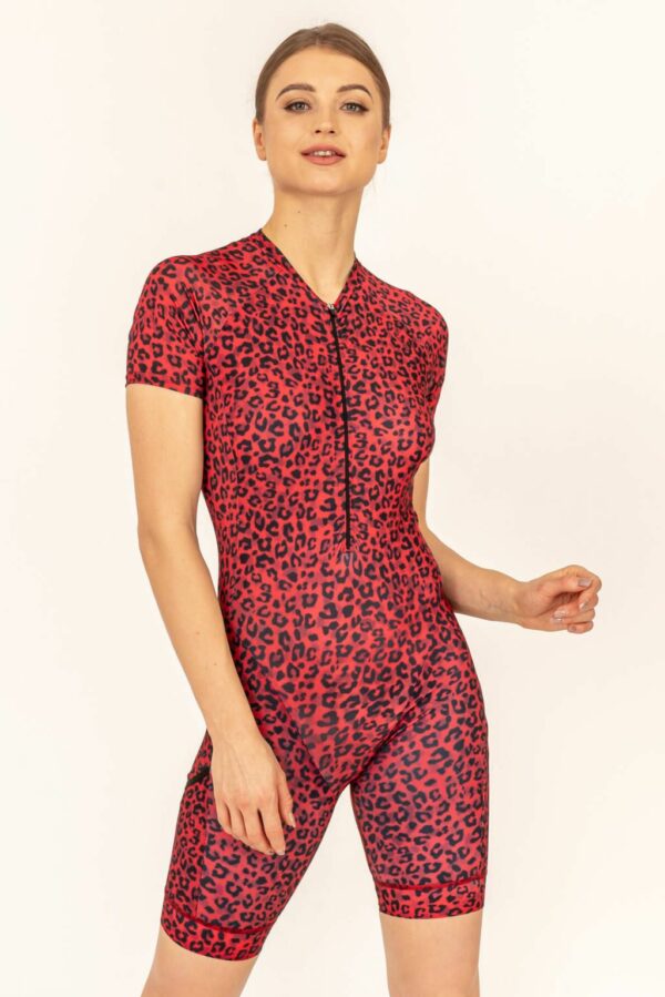 Running skinsuit with zipper with three pockets, red leopard pattern.