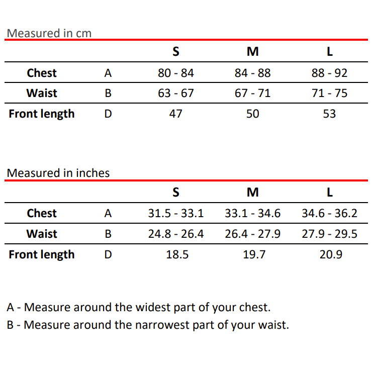 Motoko Sportswear clothing size chart in cm and inch